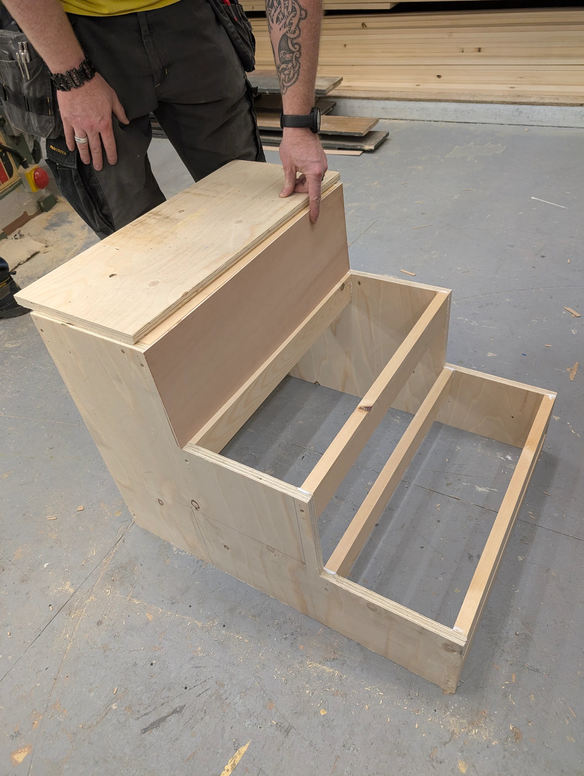 building a wooden staircase in the scenic workshop